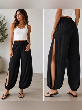 Women's Flowy Black Cotton Harem Genie Full Side Splits Ankled Cuff Boho Resort
